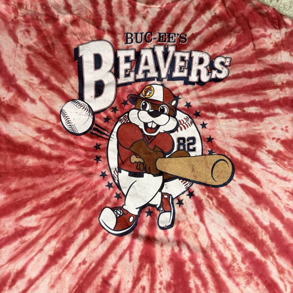 Buc-ee's Beavers Baseball Graphic Print T Shirt Large Red Tie Dye Cotton EUC